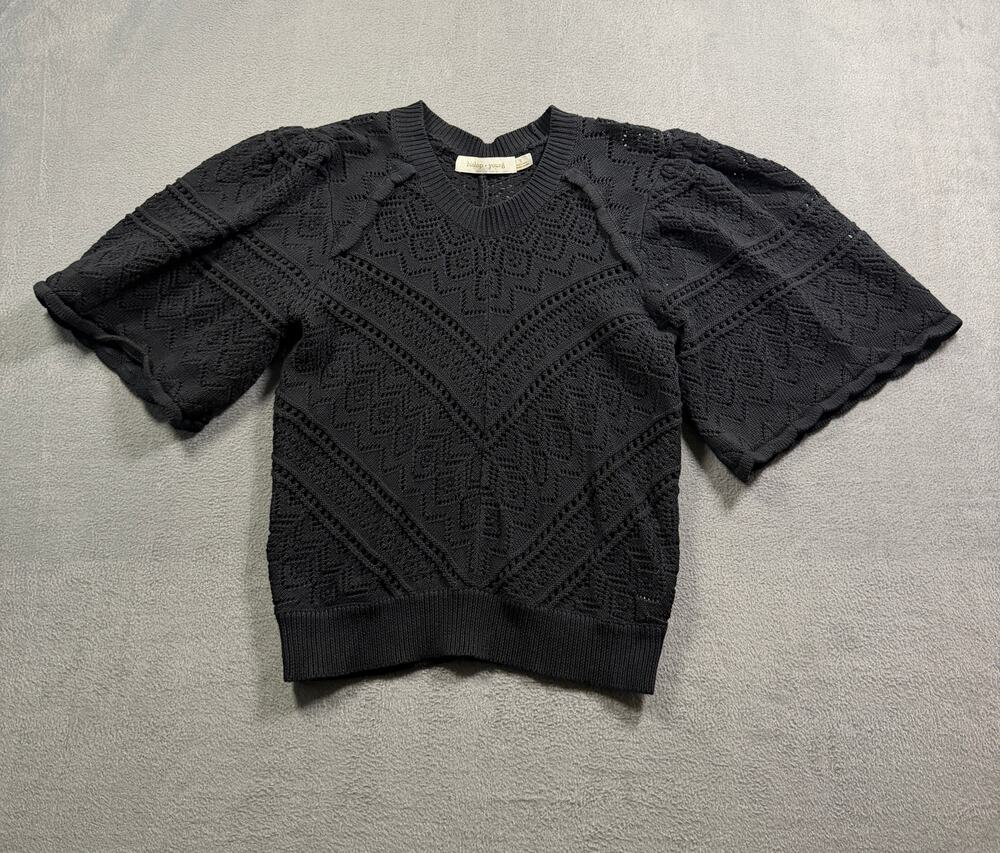 Bishop + Young Black Pointelle Knit Puff Short Sleeve Crewneck Sweater Top Small
